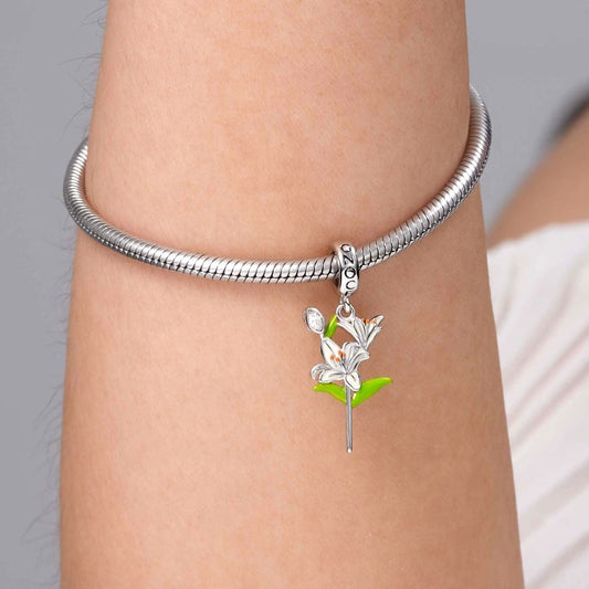 Lily Flower Pendant Dangle Charm Sterling Silver Inlaid with Crystal Oval Cut Zircon_3