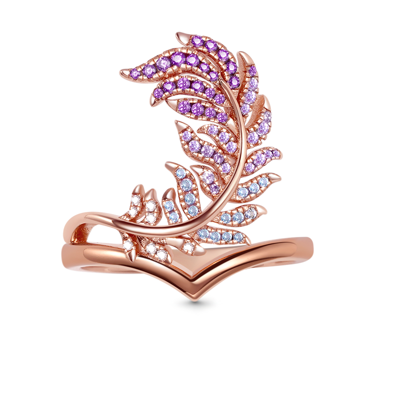 Feather V-Ring Sterling Silver 18K Rose Gold Plated Inlaid with Gradient Purple Gemstones_1