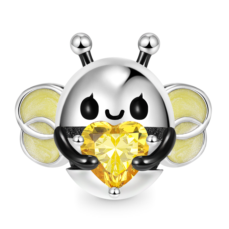 Bee Embraces Heart Gemstone Charm Bead 925 Sterling Silver with Yellow Glitter Enamels_1