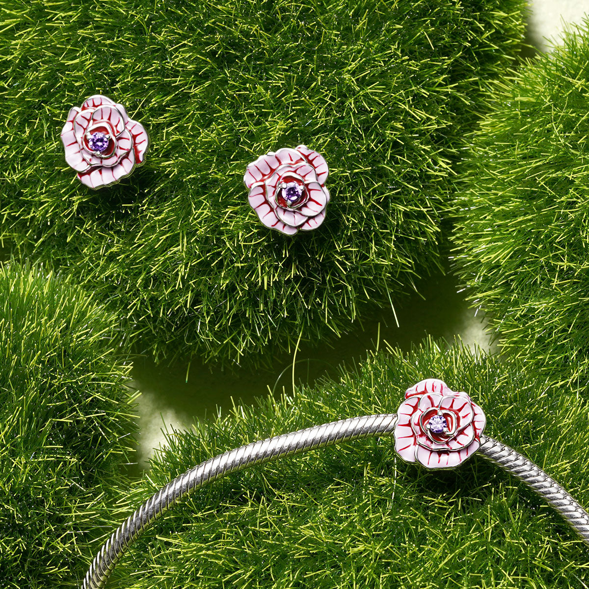 Gnoce Pink Rose Flower Stud Earrings_2
