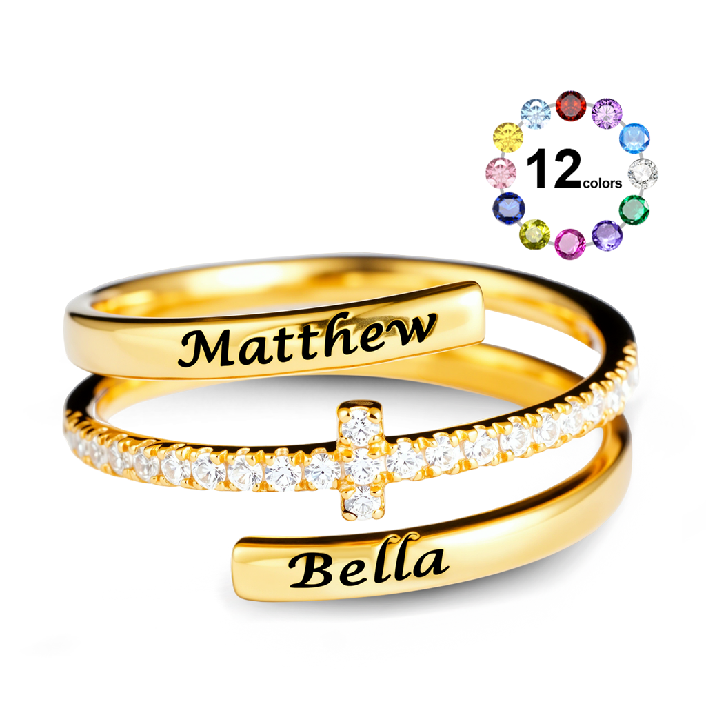 Gnoce Engraving Names Cross Ring Personalized Birthstone Gold Jewelry_1
